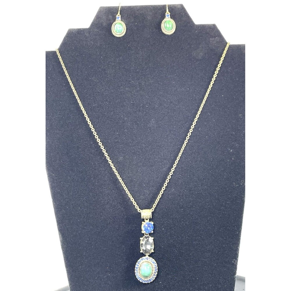 Avon NRT, Necklace & Earring Set Brass Tone, Blue Rhinestone & Green Cabochon
